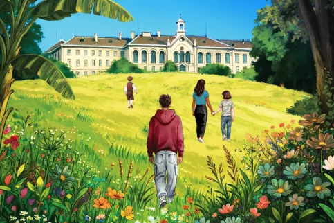 Un dessin représentant le château du campus Saint-Philippe avec quelques personnages s'y dirigeant.